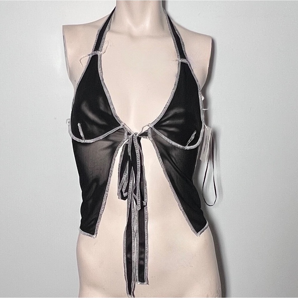 Shop SXC Sheer Mesh Halter Tie Front Top Black Small Y2K Clubwear Fairycore Crop